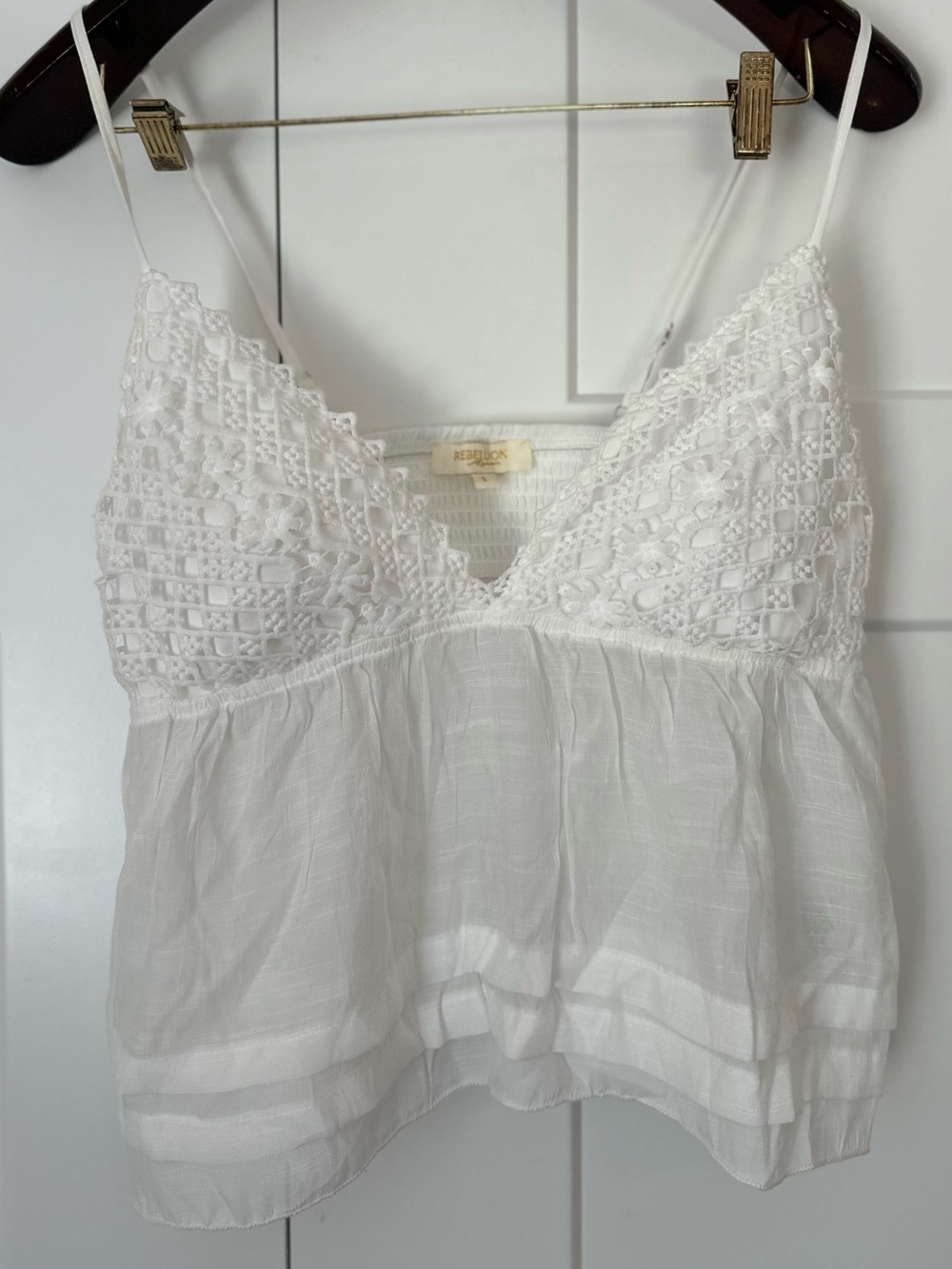 Rebellion Again White Boho Babydoll Crochet Bodice Spaghetti Strap Tank